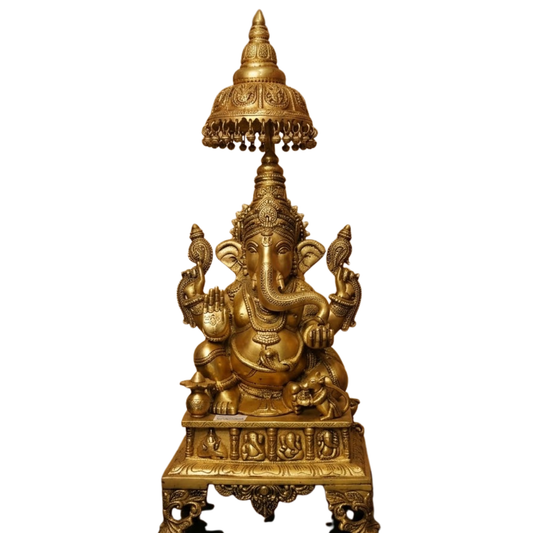 Seated Lord Ganesha Idol with Decorative Prabhavali & Umbrella