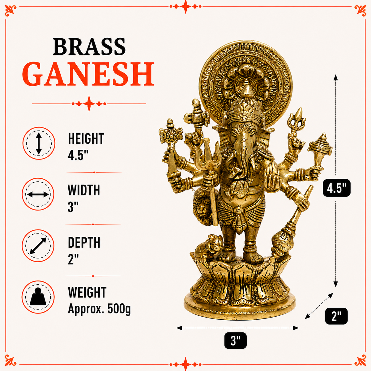 Standing Multi-Arm Lord Ganesha Idol with Halo