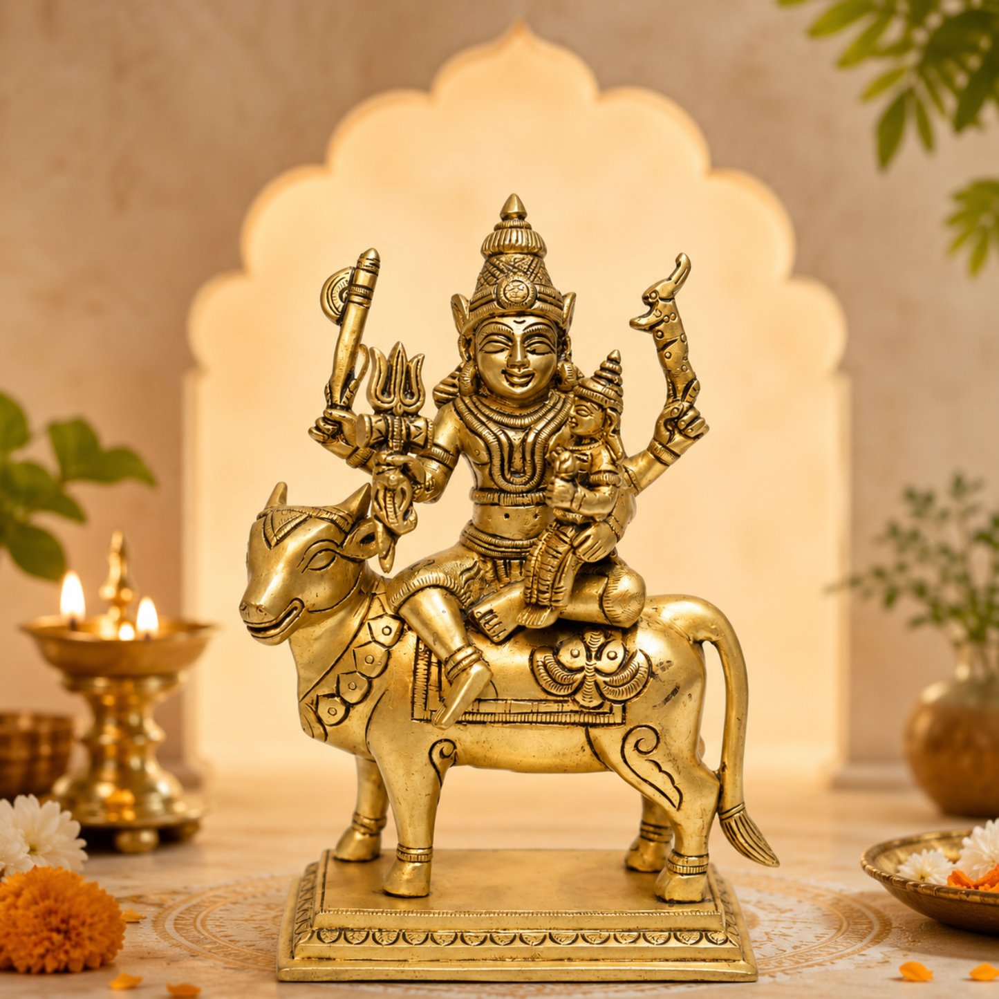 Lord Shiva with Parvati & Ganesha on Nandi Idol